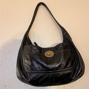 Coach Black Leather Shoulder Bag with Gold Turn-Lock